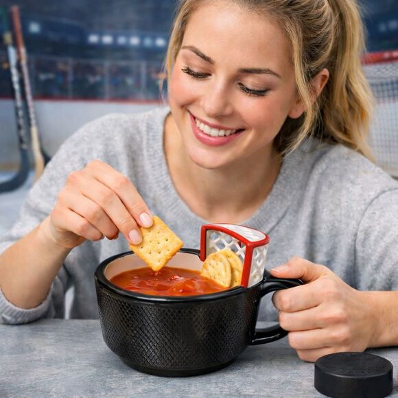 Hockey Puck Soup Bowl 16 oz Ceramic Goal Net Black Red Textured Novelty Gift 🏒 - Picture 10 of 10
